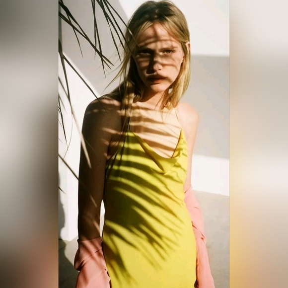 🥰HOST PICK🥰 Zara Slip Dress Double Layer Yellow Mustard Nude Midi size L - Picture 1 of 8